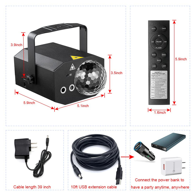 Dj Party Disco Ball Lights with Pattern and Sound Activated,10 ft USB Cable, Laucnpty LED Stage Strobe Light that Sync with Music, Christmas Rave/Home Karaoke/Dance/Club Bar Lights for Parties (Black) Black