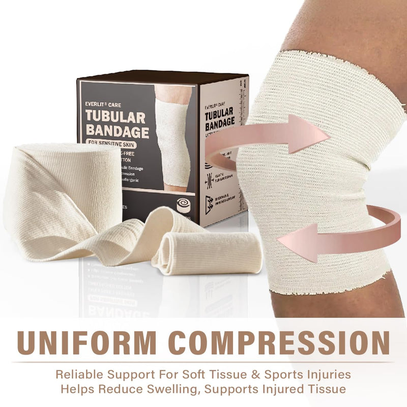 EVERLIT Organic Cotton Blend Elasticated Tubular Support Bandage | Latex-Free Stockinette Light to Moderate Compression for Arm, Knees, Legs | Tissue Support for Sensitive Skin | 4" x 11 yd Size F | 4" x 11 yd