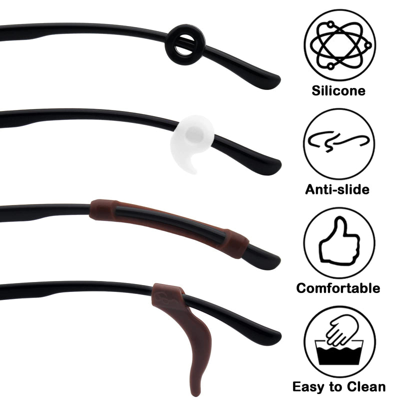 Benvo 12 Pairs Eyeglasses Retainers Silicone Glasses Temple Holders Anti-slip Protectors Comfort Eyewear Spectacle Stay Put Glasses Stoppers for Sport, Study(4 Variety Designs in Black, Clear, Brown) Black+clear+brown