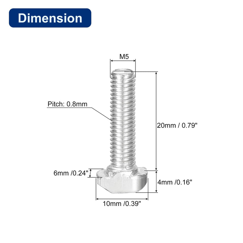 uxcell 20Pcs T-Slot Bolts, M5 x 20mm Hammer Head Bolt T Screw Drop-in Stud for 2020 Series T-Slot Aluminum Extrusion Profile, Carbon Steel Nickel Plated, Silver 20