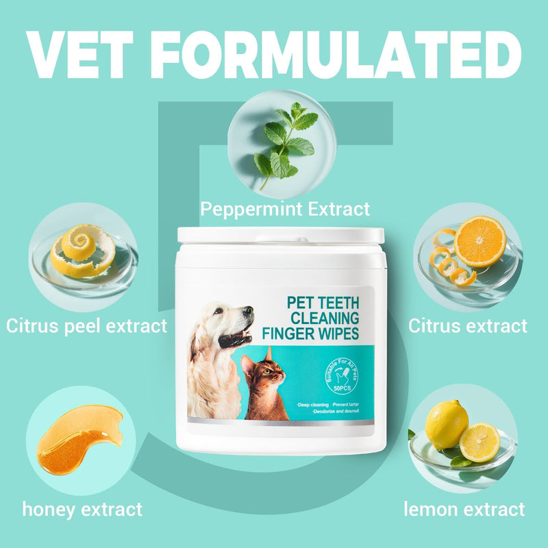 Pet Teeth Cleaning Finger Wipes，Disposable Wet Wipes 50ct，Pet Dental Finger Wipes for Dogs & Cats，Reduces Plaque and Freshens Breath, Removes Tartar