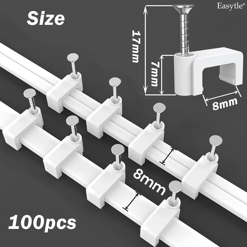 Cable Clips Nail in Cable Clips 100 Pcs 8mm Flat Ethernet Cable Wall Clips Cable Tacks Coax Cable Clips Speaker Wire Clips Cable Nails for Cords Cat5/Cat5e/Cat6/Cat7 RJ45 Cord Clips