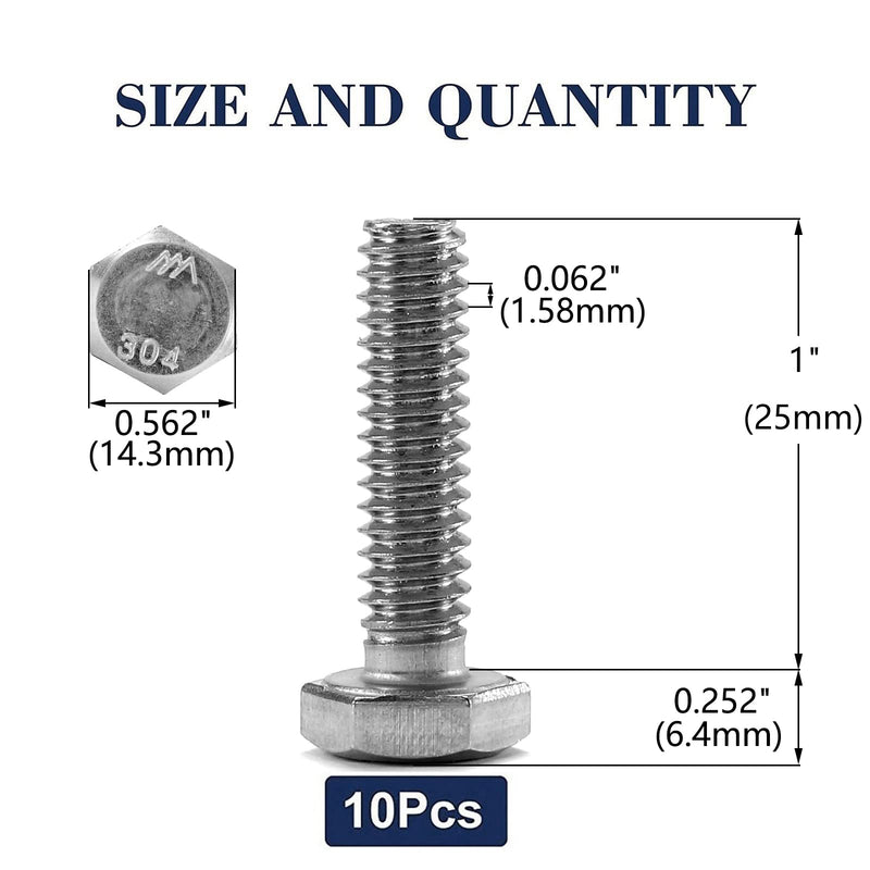 3/8-16 x 1 Hex Head Screw Bolt, 10Pcs 18-8 (304) Stainless Steel, Fully Threaded, Plain Finish, by SG TZH 10 3/8-16 x 1"