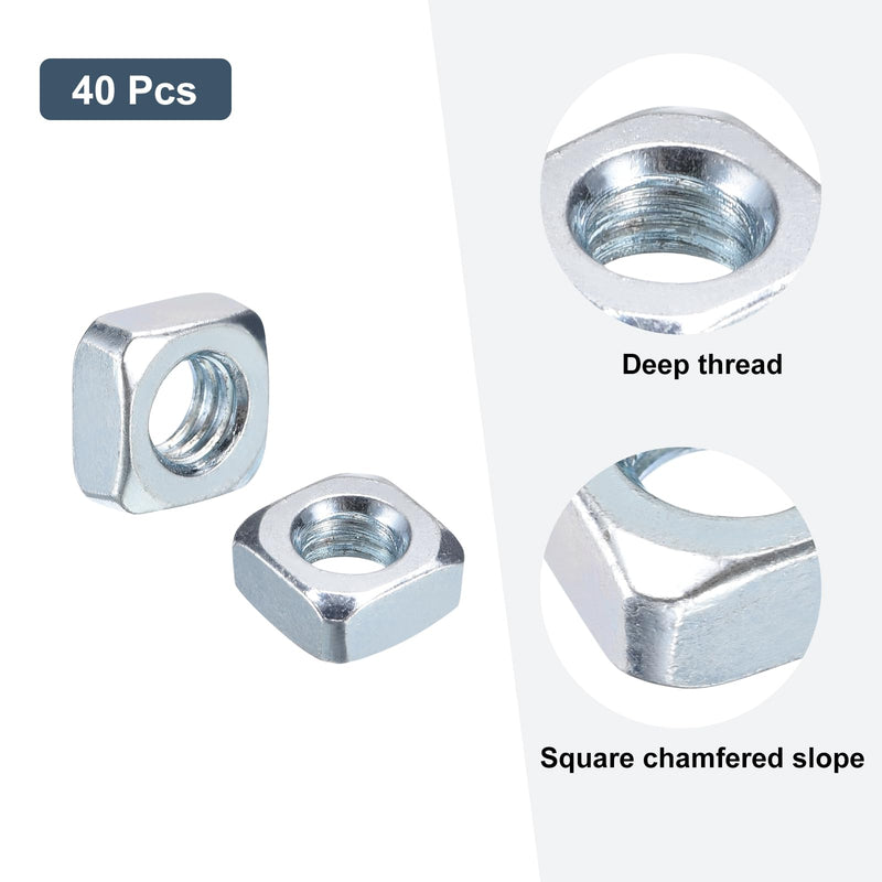 uxcell 1/4"-20x6 Square Nuts, Carbon Steel Zinc Plated Coarse Thread Square Nuts Fasteners for Home Repairs and Professional Engineering, Colorful 40pcs 1/4"-20x6mm 40