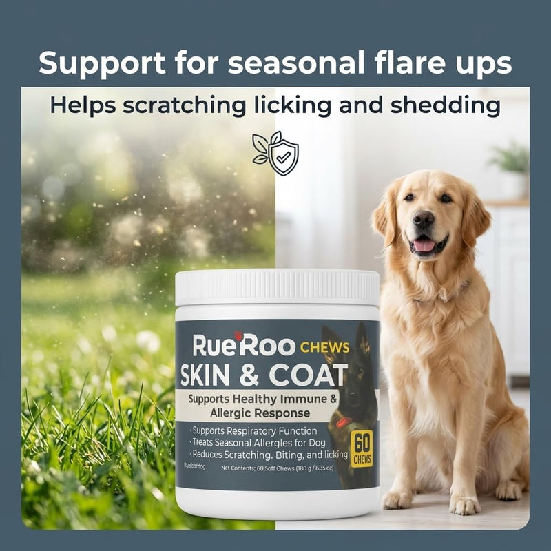 Skin & Coat Chews for Dogs – Omega-3 Fish Oil (EPA & DHA), Biotin & Vitamins A + D3 – Supports Itchy Skin, Dry Skin, Shedding & Shiny Coat – Puppies to Seniors – 60 Soft Chews