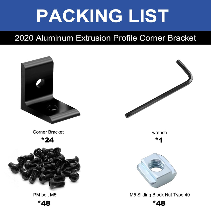 24 Pack 2020 Corner Bracket Connector 20 Series Aluminum Extrusion Profile Accessories Hardware, 90 Degree Angle Bracket for 20x20 Extruded Aluminum Black 20-Corner 2Hole