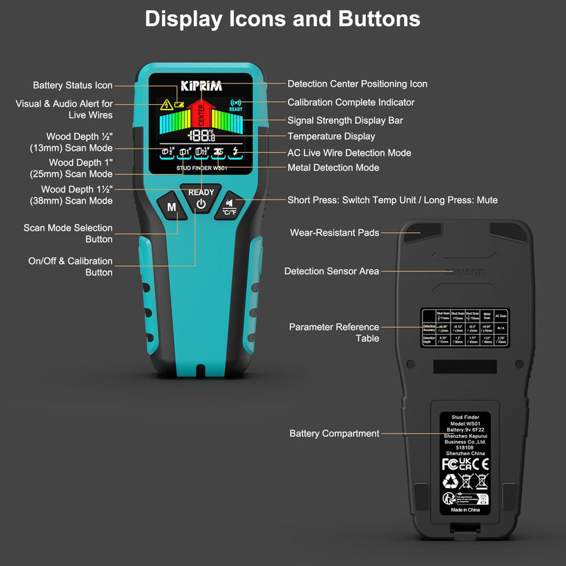 Kiprim Stud Finder Wall Scanner with LCD Display, 5-in-1 Electronic Stud Sensor for Wood, Metal, AC Live Wire Detection, 3 Depth Modes, Beep Warning, Wall Detector Tool WS01