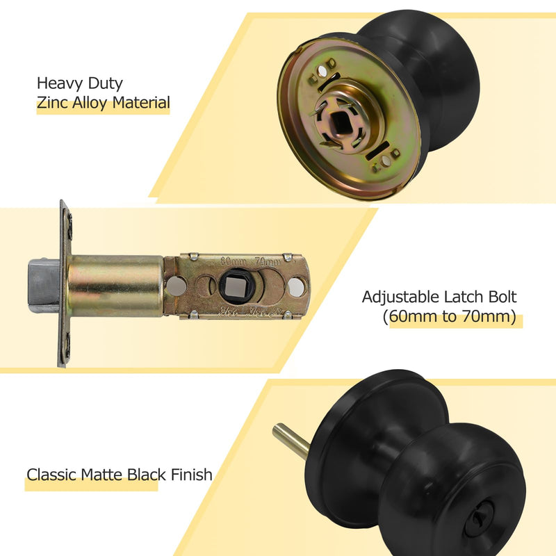 Amerdeco 3 Pack Matte Black Keyed Entry Door Knob with Lock, Interior and Exterior Door Lock, Round Ball Knob Keyed Entry Lock