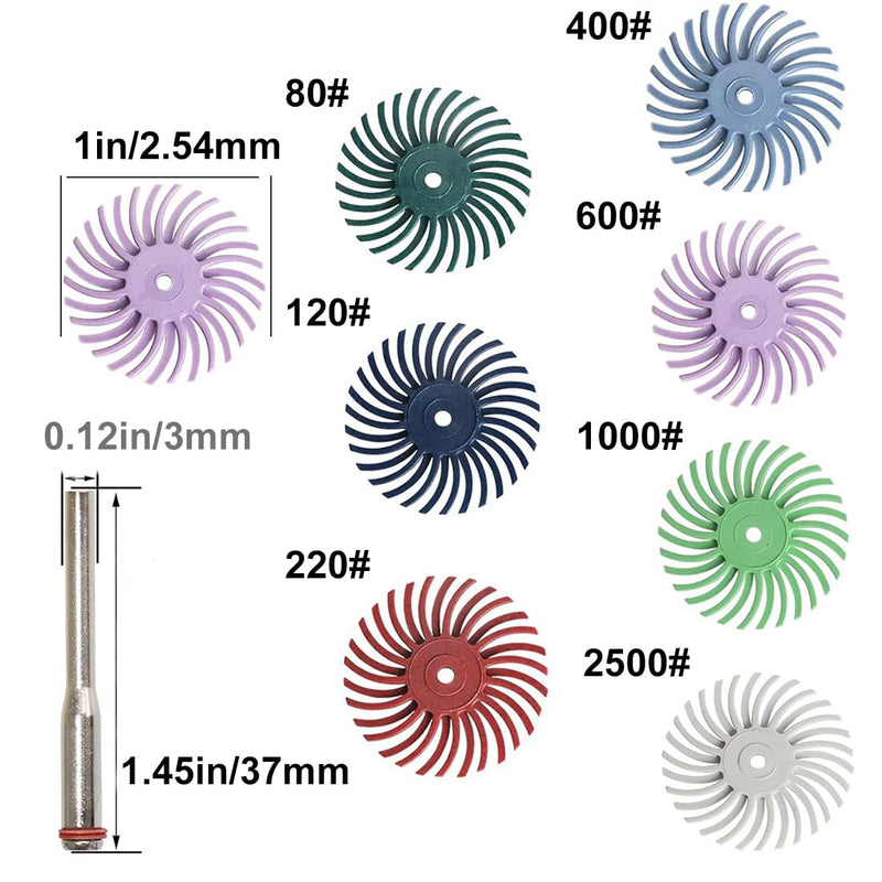 Radial Bristle Disc Kit 1 Inch 7 Grit 35Pcs with 3mm Shank for Rotary Tools 80-2500 for Jewelry Wood Metal Polishing Cleaning Finishing Deburring