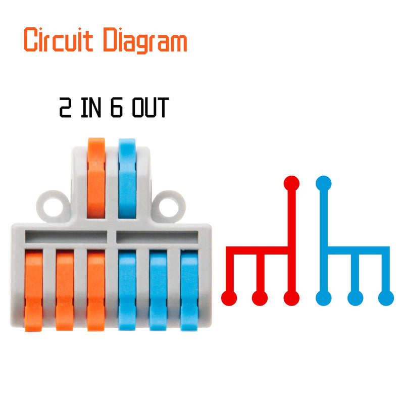 10Pcs Lever Wire Connectors, 2 in 6 Out Mini Quick Push-in Electrical Connector for 24-12 AWG