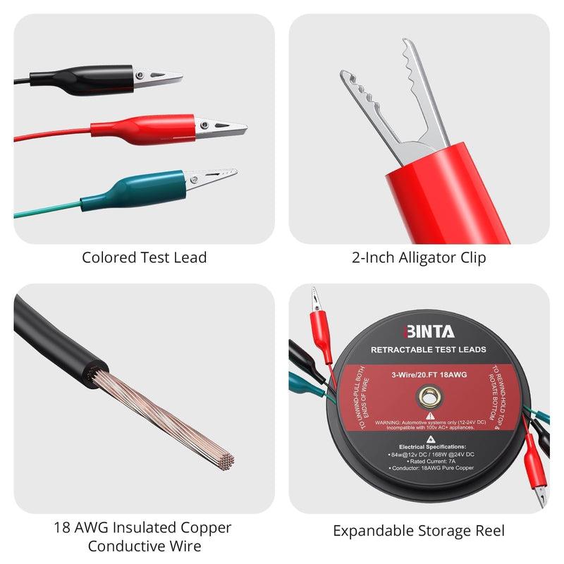 BINTA 3 Wire 20 Ft Retractable Test Leads, Red/Black/Blue Alligator Clip Test Leads, 18 AWG Gauge Wire for Electrical Testing, Cars, Trailers