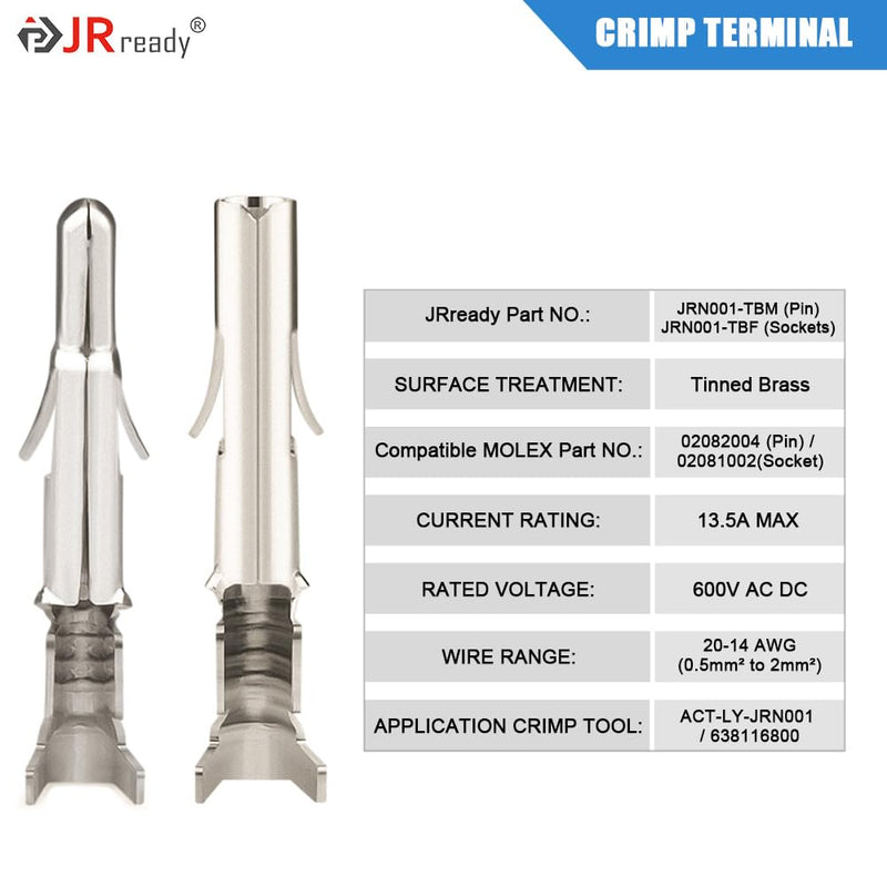 JRready ST6423 MLX 2.13mm Diameter Crimp Terminals, Pin and Sockets 14-20AWG, Compatible with Molex MLX Male & Female Crimp Terminals (50 Pair)