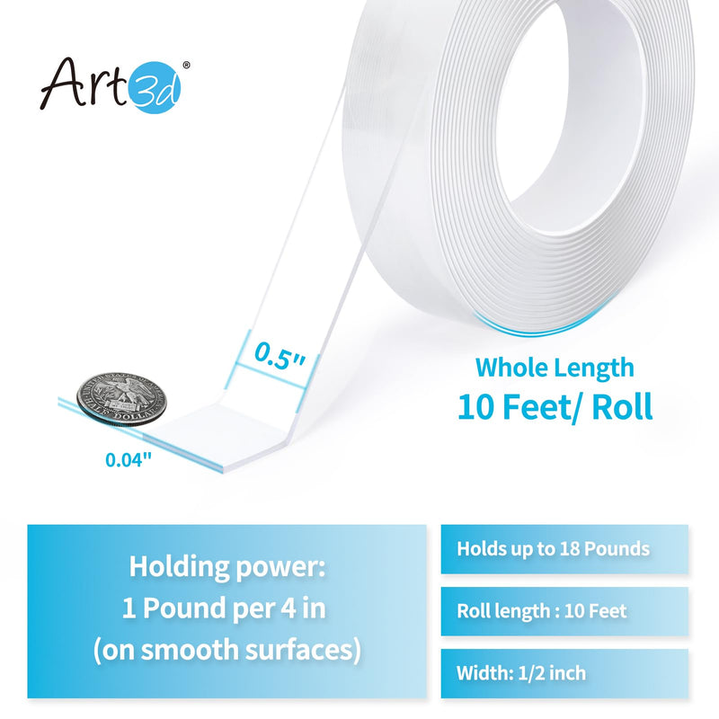 Art3d Double-Sided Tape (10FT) Mounting Tape, Multipurpose Removable Adhesive Foam Tape, Transparent Tape for Paste Items, Household 1/24" x 1/2" x 10'