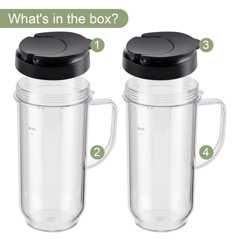 4-piece Tall 22oz Mug Cups with Flip-Top To-Go Lids Replacement Parts Compatible with 250W Magic Bullet Blender Cups MB1001
