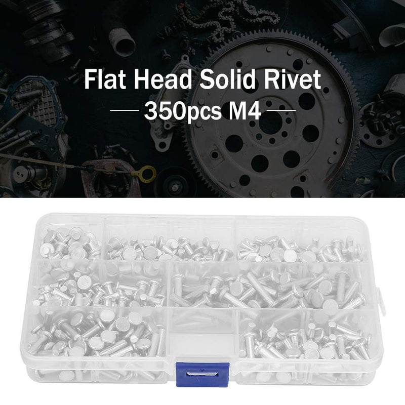 Solid Rivet Kit M4 Flat Head, 350Pcs Aluminum Rivets Assortment Kit, Multiple Aluminum Rivets Length 4/6/8/10/12/16/20mm, Solid Rivets Assortment Kit with Plastic Box