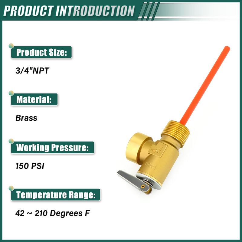DN20 Brass RV Water Heater Temperature and Pressure Relief Valve,3/4" NPT Thread, 150PSI 210°F, with Extended Epoxy-Coated Probe, for Hot Water Heaters/Tanks 3/4" NPT（Epoxy-Coated Probe）