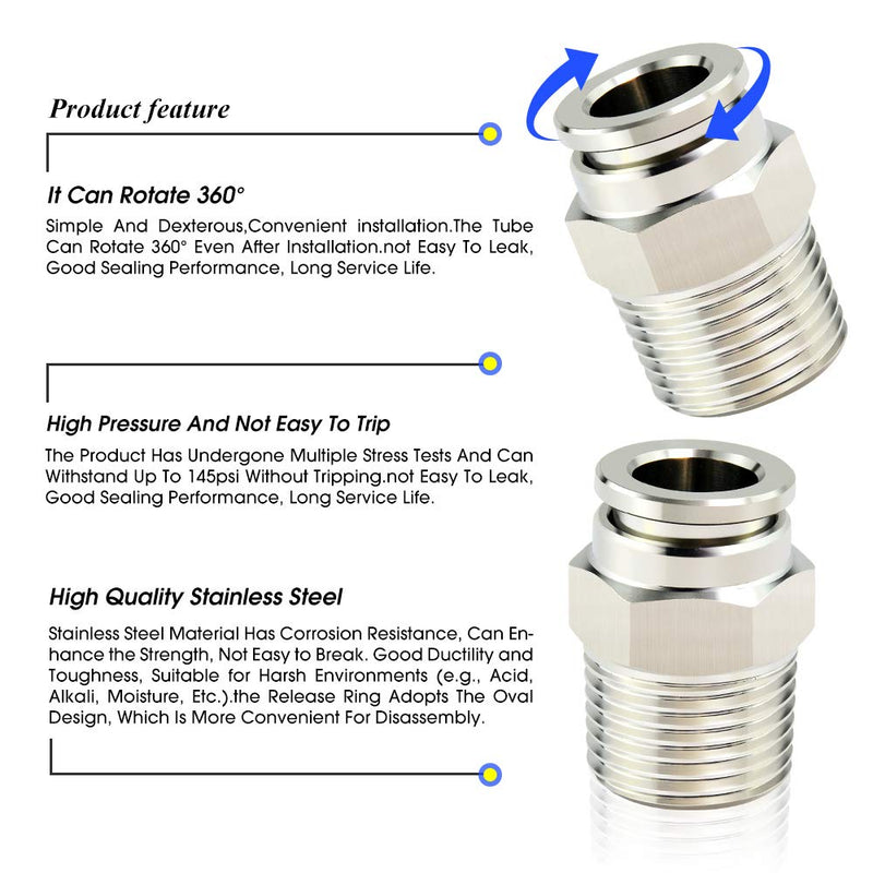 TAILONZ PNEUMATIC 304 Stainless Steel Male Straight 3/8 Inch Tube OD x 1/2 Inch NPT Thread Push to Connect Fittings PC-3/8-N4 (Pack of 2) 3/8''OD 1/2''NPT