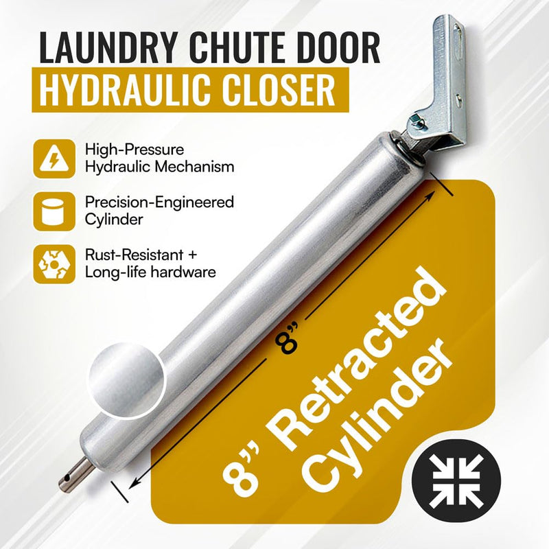 Laundry Chute Door Closer. 8 inch Hydraulic retracted Piston Pump with Bracket & Clevis Parts for Side & Bottom hinged Trash Intake Doors.