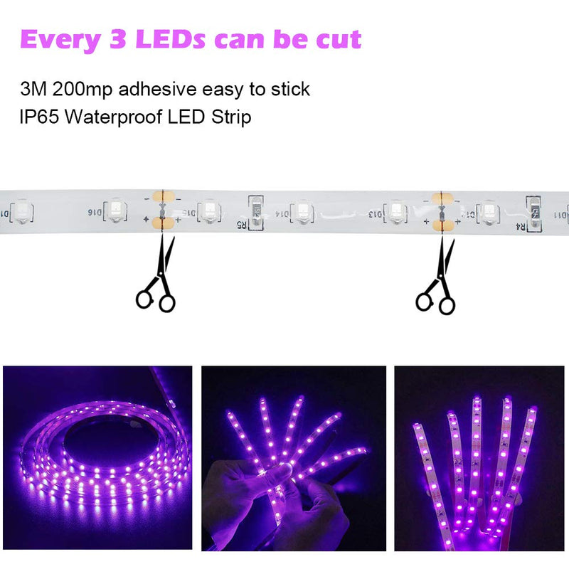 LED UV Black Light Strip Kit, Ultraviolet Waterproof IP65 16.4FT/5M 3528 300LEDs, 395nm-405nm Blacklight for DJ Bar Club Party Decor Night Fishing with 12V Power Supply 12V Waterproof