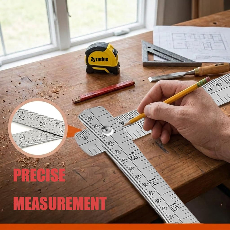 Zyadex 24-Inch Industrial-Grade Stainless Steel Folding Ruler - Professional Two-Section Rigid Precision Design, Tinner's Circumference Scale & 1/16th Markings for Metalworking & Engineering