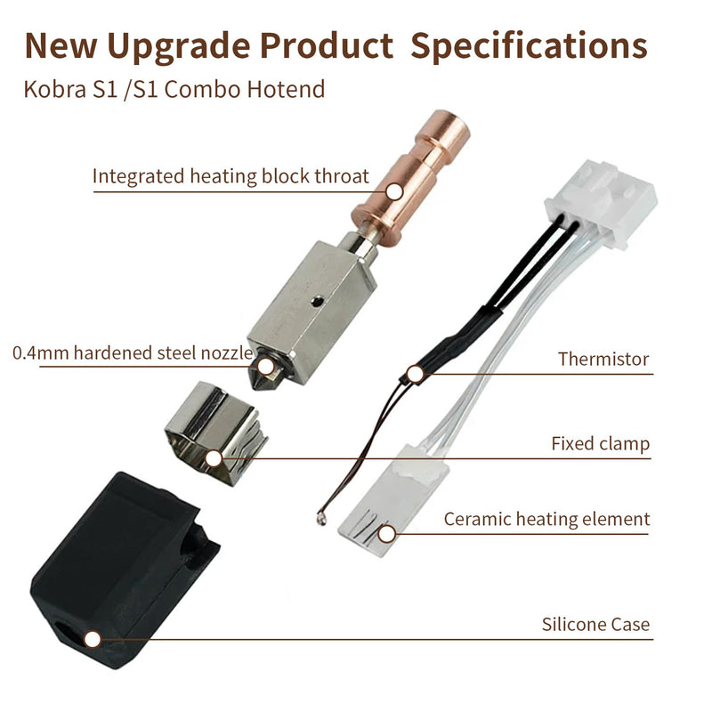 3-Pack Ceramic Hotend Kit for Anycubic Kobra S1, S1 Combo & ACE Pro, 0.4mm Hardened Steel Nozzles, 200K Thermistor, 450°C Assembly with 0.2/0.4/0.6/0.8mm Extra Nozzles For kobra s1-3pcs Ceramic