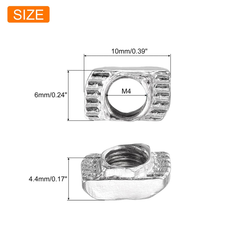 uxcell 200Pcs M4 T Nuts Sliding T Slot Nut Fastener Carbon Steel Nickel Plated Half Round Roll in Sliding Aluminum Profile Accessories 2020 Series M4-0.7x10x6x4.4mm 200
