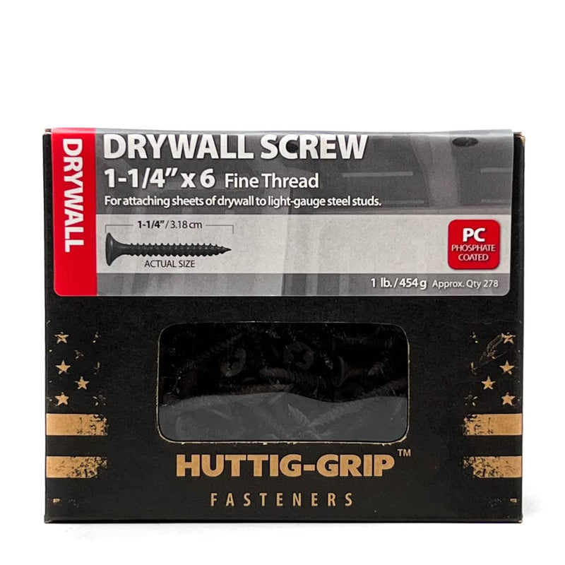 Huttig-Grip 278 pcs Drywall Screw #6 x 1-1/4 inches, Fine Thread, Phillips Drive, Phosphate Coated Finish, HGS114FDW1-1 lb Pack 1.25" x 6 Fine