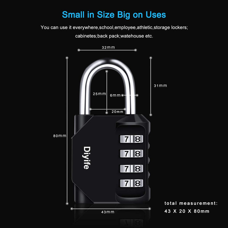 3 Pack Combination Padlock Outdoor, Diyife 4 Digit Combination Lock Waterproof, Metal and Plated Steel Combination Clasp, for Fence, School, Sports Locker, Gym (Black) Black, 3 Pack