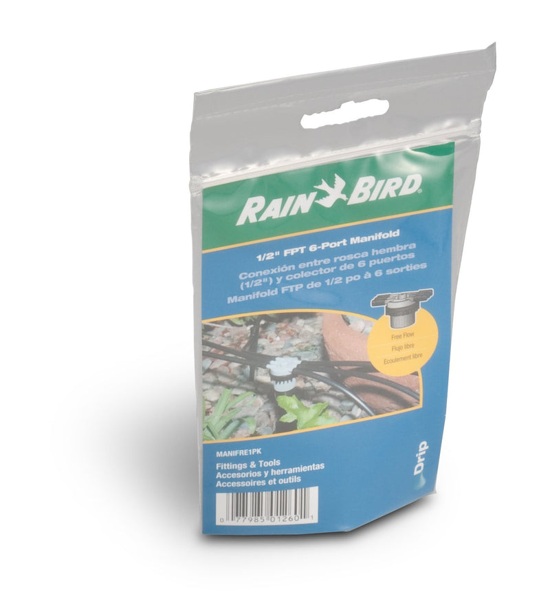 Rain Bird MANIFRE6S Drip Irrigation 6-Port Manifold, Unregulated Free Flow 1/2" NPT x 1/4" Drip 6-Port Free Flow