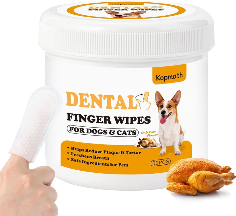 Teeth Cleaning Finger Wipes, Dog Dental Wipes, Reduce Plaque & Tartar, Freshen Breath, Safe & Natural Pet Dental Wipes for Dogs Teeth, Portable Dog Tooth Wipes for Cats,50 Ct, Chicken Scent 50 Count