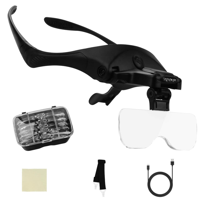 Headband Magnifying Glass with 4 LED Lights, Rechargeable Head Magnifier with 5 Detachable Lenses 1.0X, 1.5X, 2.0X, 2.5X 3.5X - Hands Free Lighted Magnifier Glass for Jewelry, Crafts, Cross Stitch Black 1.0X, 1.5X, 2.0X, 2.5X, 3.5X Head Magnifying Glass