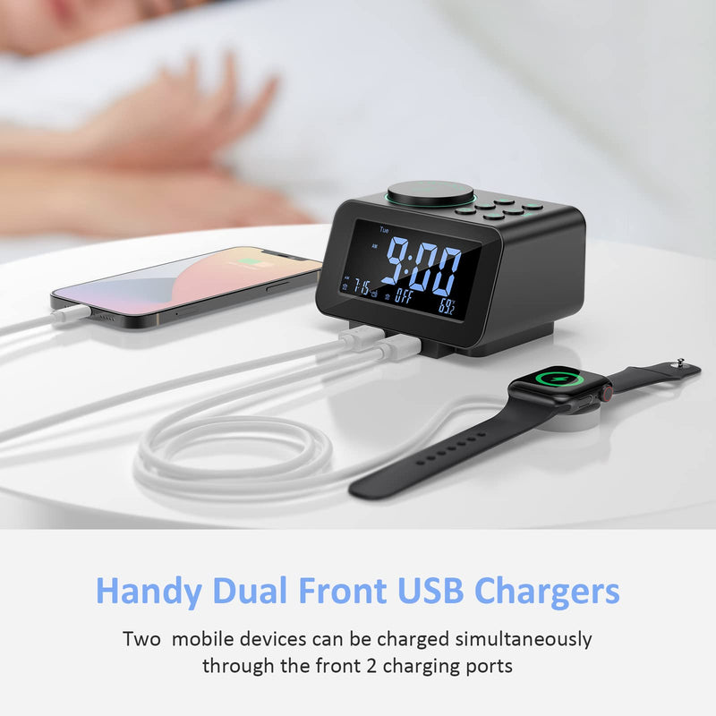 uscce Digital Dual Alarm Clock Radio - 0-100% Dimmer with Weekday/Weekend Mode, 6 Sounds Adjustable Volume, FM Radio w/Sleep Timer, Snooze, 2 USB Charging Ports, Thermometer, Battery Backup Black