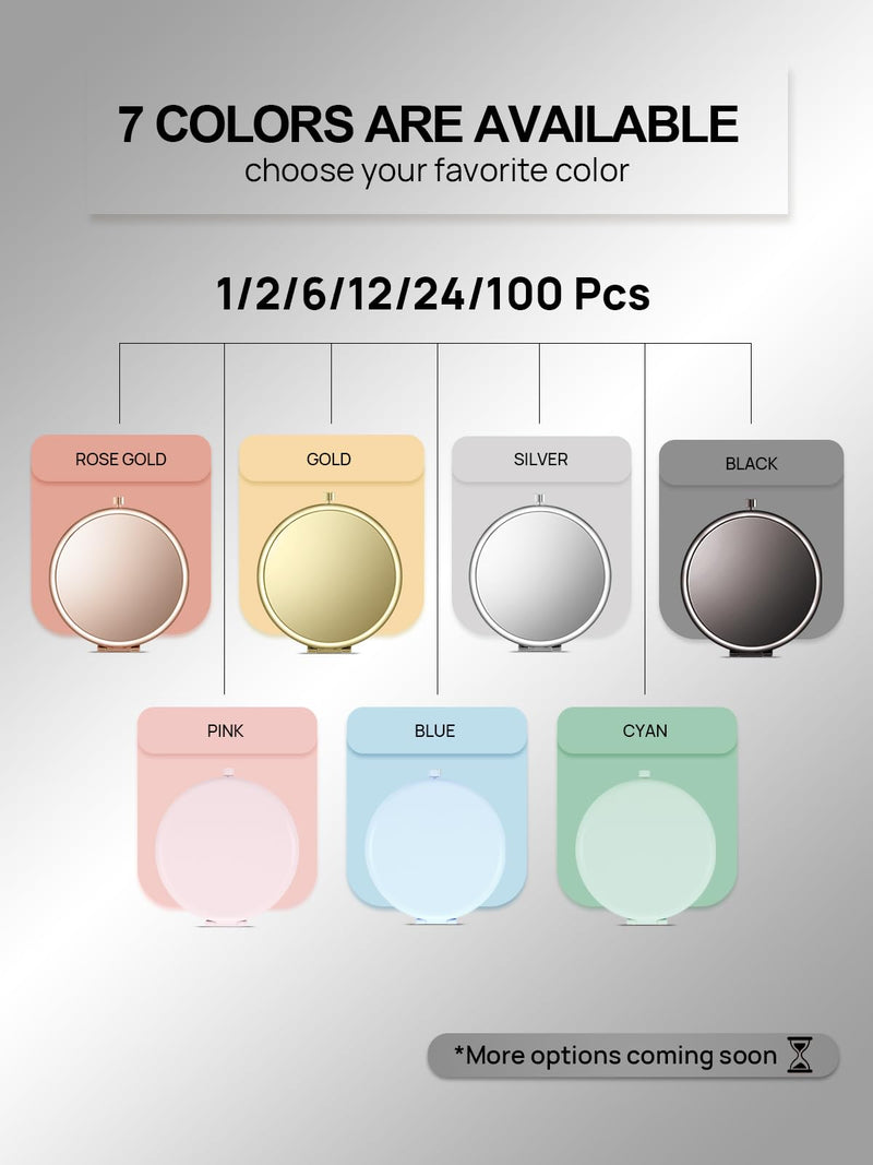 Compact Mirror Bulk, Pack of 6 Double-Sided 1X/2X Magnifying Metal Makeup Mirrors(Round, Onyx Black) 2.5"L x 2.5"W