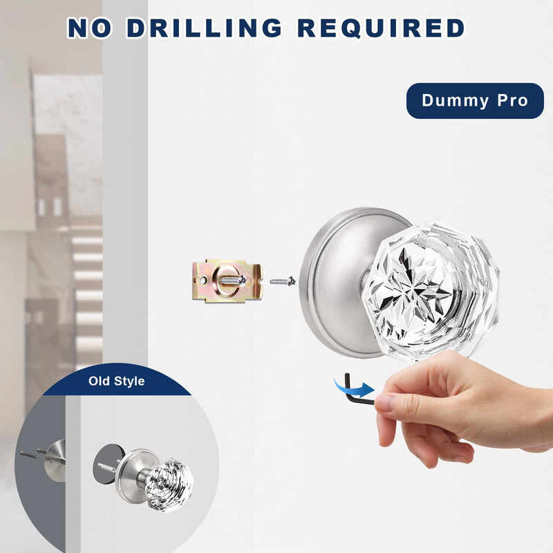 Orger Dummy Door Knobs, Modern Glass Door Knobs Brushed Nickel, Keyless Door Handles Interior Zinc-Alloy Heavy Duty for Closet Hallway 1 Pack Dummy Pro Stain Nickel