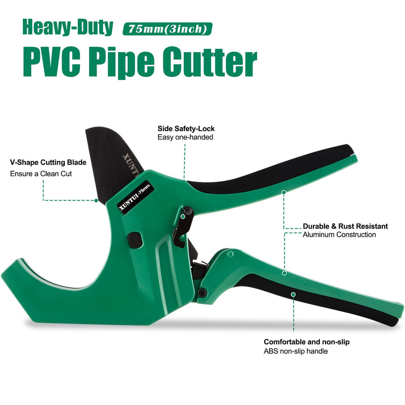 Professional PVC Pipe Cutter 2.5 inch (75mm), Heavy Duty Dark Green Ratchet Tubing Cutter for 2-1/2" Schedule 40 80 PVC, PEX & ABS, Industrial One-Handed Cutting Tool for Irrigation & Plumbing