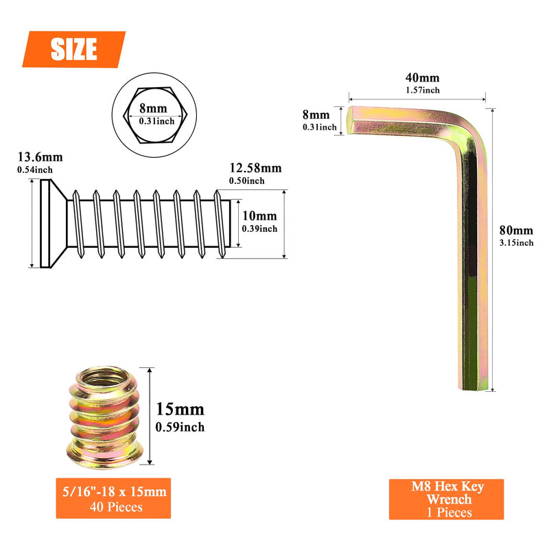 5/16-18 Threaded Inserts, Wood Inserts, Steel Threaded Inserts for Wood Furniture Screw, HELIFOUNER 40 Pieces 5/16”-18 x 15mm Threaded Inserts with Hex Wrench for Wood Furniture 5/16"-18 x 15mm
