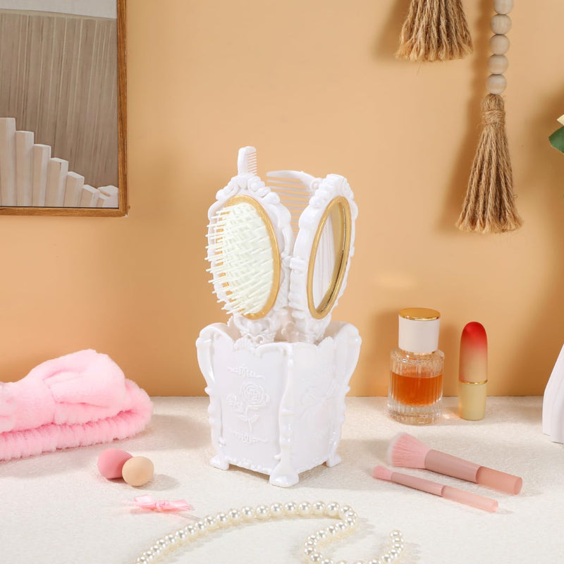 Vanity Set Comb Brush Mirror: Hand Mirror Comb Set Brush, with Storage Holder for Women Girl Creative （White）