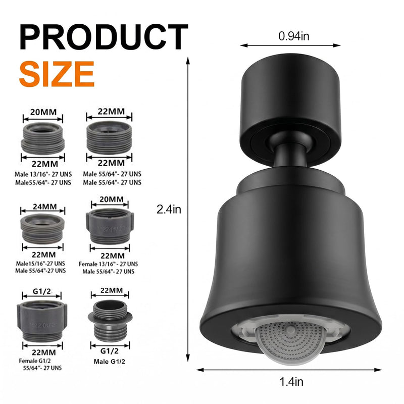 2 Pack Metal Faucet Aerator - Dual Modes Sink Sprayer Attachment for Bathroom - 360° Swivel Kitchen Faucet Sprayer Attachment - Anti-clogging Design - Black 2