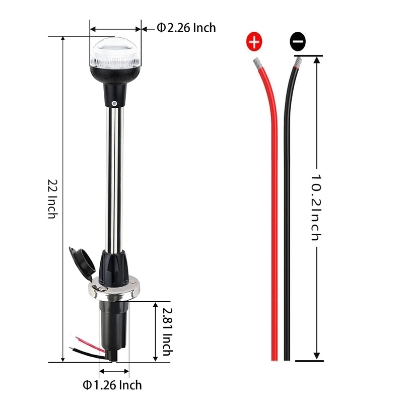Stern Light Boat Anchor Light Marine Navigation Lights USCG 2 NM LED All Round White Removable 2 Pin Plug in Stainless Steel Base Flush Mount12 Volts 22 Inches