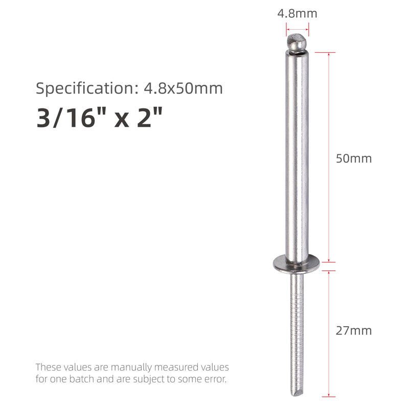 30Pcs Stainless Steel Extra Long Blind Rivets, Long-Shaft Split Rivets, Extended Length, Corrosion-Resistant, Tensile & Shear Strength High (3/16"x2") 3/16"x2"