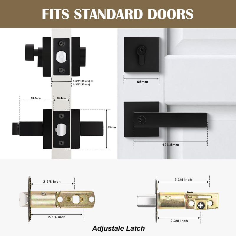 1 Pack Keyed Entry Door Lever and Single Cylinder Deadbolt Set, Keyed Alike Reversible Lockset, Matte Black Square Interior/Exterior Handleset for Bedroom, Front Door 1 Pack Modern Mattte Black