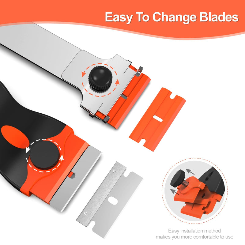 3 Pack Razor Blade Scraper Set, Includes 30 Plastic & 30 Metal Blades, Multi-Purpose Tool for Glass, Cooktop, Sticker Removal, Paint & Gum Cleaning (Orange) Orange