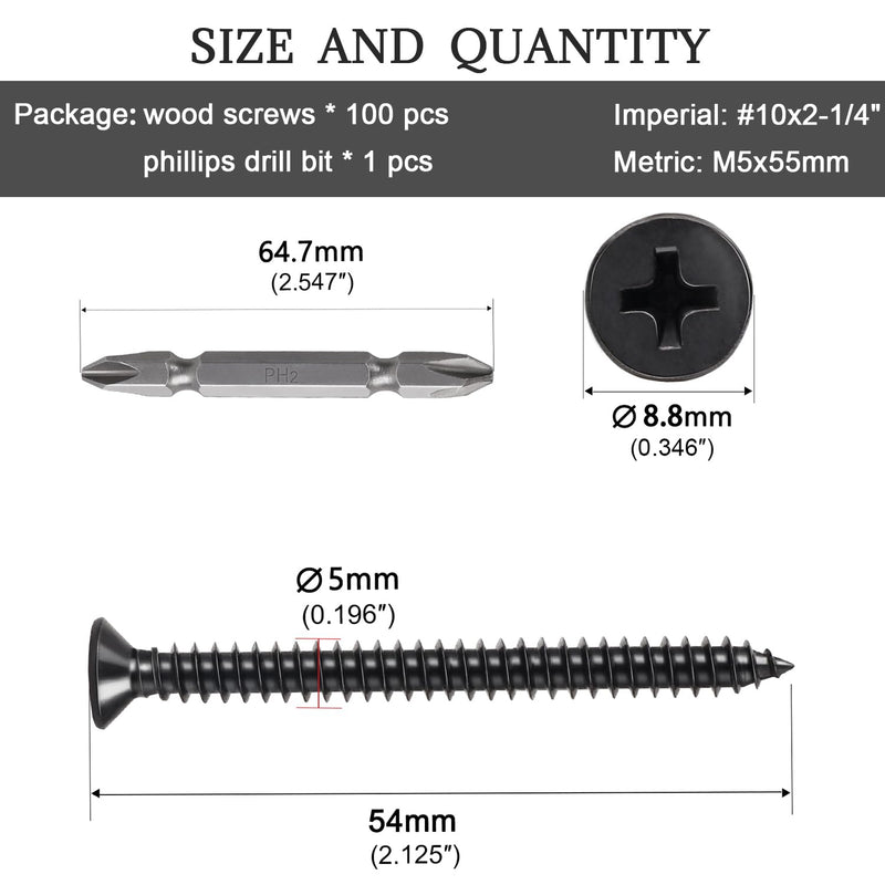 #10 x 2-1/4" Wood Screws Flat Head Phillips Quick Self-Tapping Screws 304 Stainless Steel Black Screws 100pcs HS/ZGLS-01 #10 x 2-1/4"