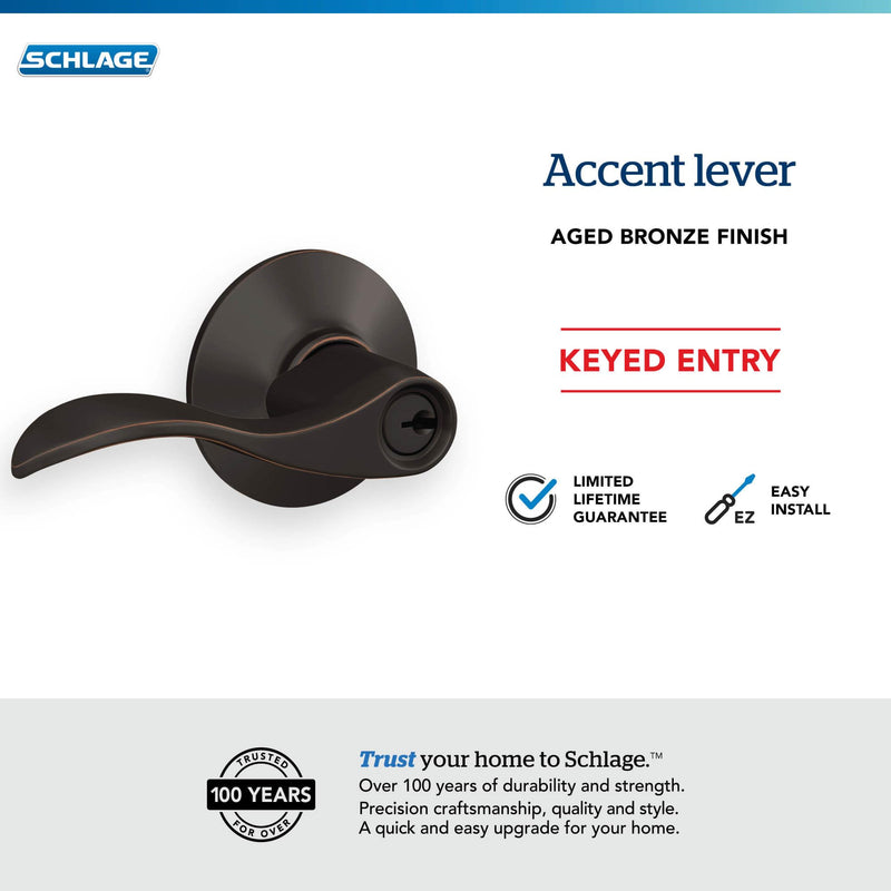 Schlage F51A ACC 716 Accent Door Lever, Keyed Entry Lock, Aged Bronze