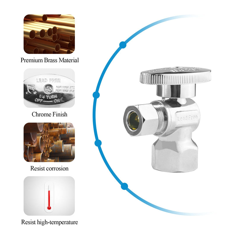 WiseWater Angle Stop Valve, 3/8" O.D Compression x 1/2" FNPT Toilet Shut Off Valve, Quarter Turn Chrome Plated Brass Fittings for Bathroom, Toilet, Kitchen (Pack of 5) 3/8" O.D X 1/2'' FNPT 5pack