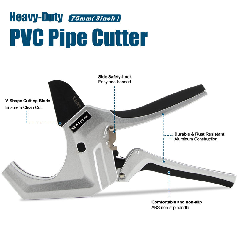 Professional PVC Pipe Cutter 2.5 inch (75mm) Capacity, Heavy Duty Silver Ratchet Tubing Cutter for 2-1/2" Schedule 40 80 PVC, PEX & ABS, One-Handed Cutting Tool for Pool & Sprinkler Repair