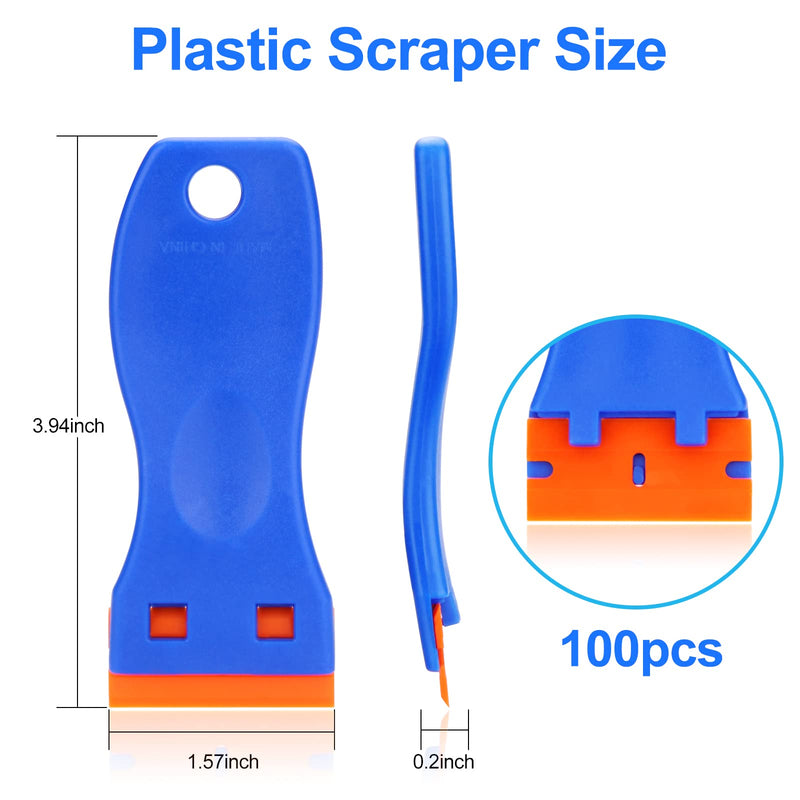 4 Pcs Plastic Razor Blade Scraper and 100 Pcs Blades, Remove Label Decal Tool， Forwithout Scratches Plastic Razor Blade Scraper, Adhesive Remover for Stickers, Gaskets and Paints on Window Car Glass