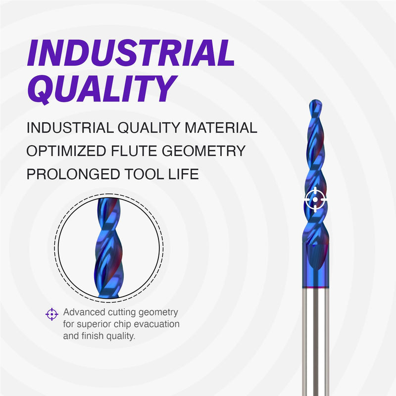ZahyoX 3D Carving Tapered Angle Ball Nose CNC Bit, 3.0 Degree NACO Coated Router Bit, 1/16" Cutting Dia, 1/32" Radius, 1/4" Shank, 3" Overall Length, 2 Flutes, CNC Router Bits, CNC End Mill