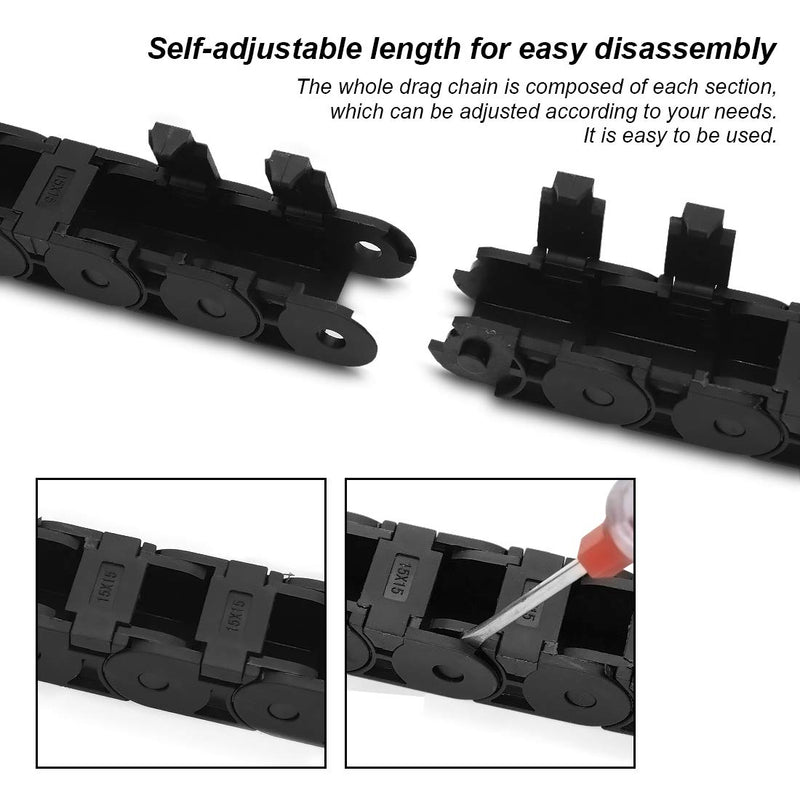 R28/38 15mm x 15mm(Inner H x Inner W) Black Plastic Cable Wire Carrier Drag Chain 1M Length for CNC, with End Connectors - Semi Enclosed Type (Inner side openable) 15*15B