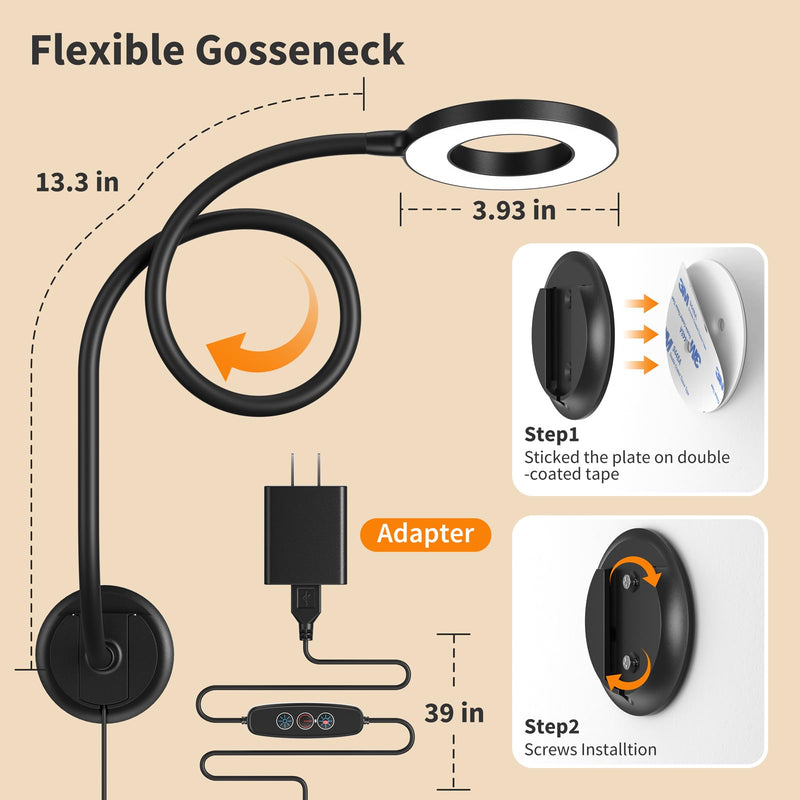Wall Mounted Lamp, Reading Light for Book in Bed at Night, Shadowless LED Lamp for Workbench Bedroom Bedside Headboard, Eye Care 5 Color & Brightness Adjustable, 360 Flexible Gooseneck, Black 1Unit / Black